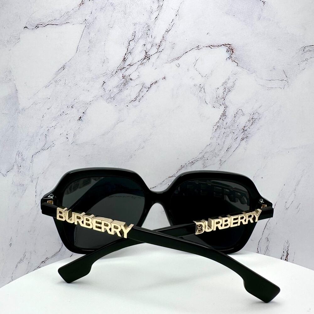New Burberry Sunglasses Black Square Gold Metal Cut Out BURBERRY Logo Womens - Picture 14 of 16